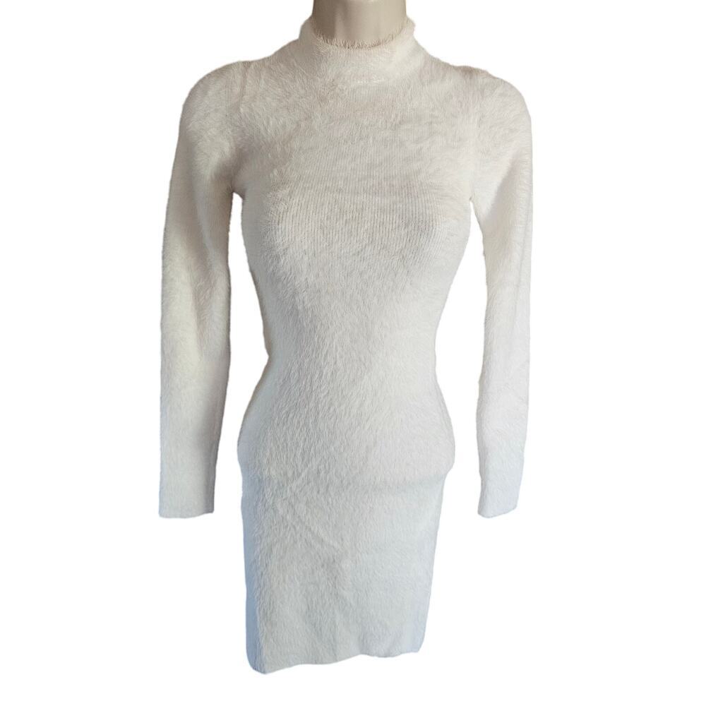Aritzia babaton FURRY dress white minimalist neutral winter long sleeve bodycon